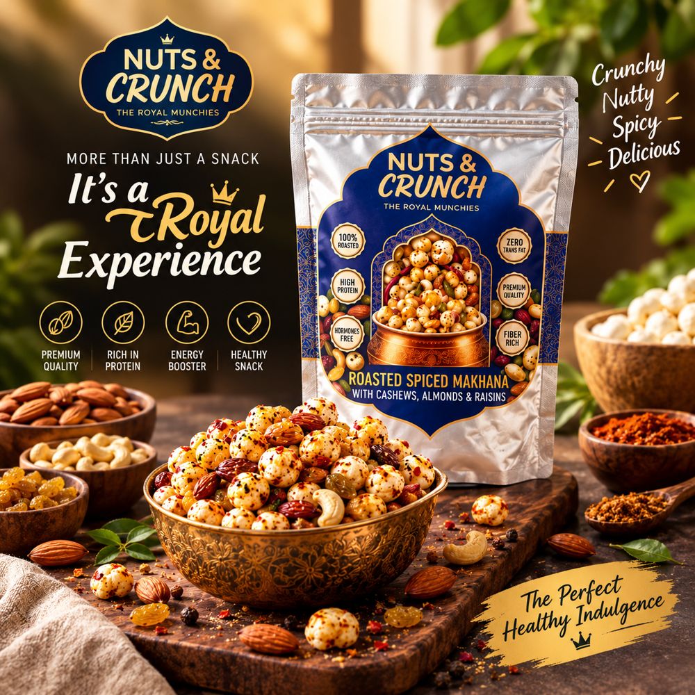 Nuts and Crunch roasted spiced makhana pouch with bowls of nuts and raisins