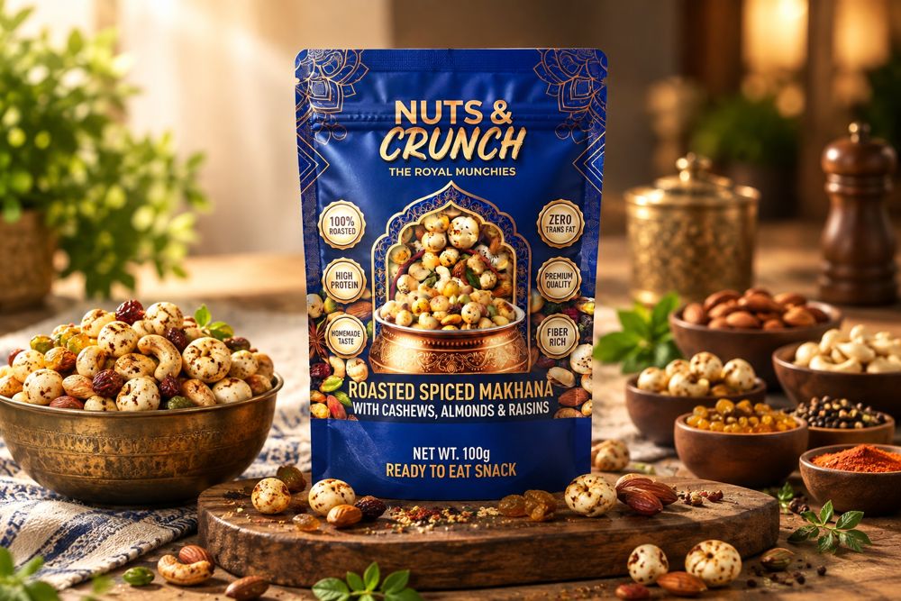 Nuts and Crunch pouch on a wooden board with makhana, nuts and spices